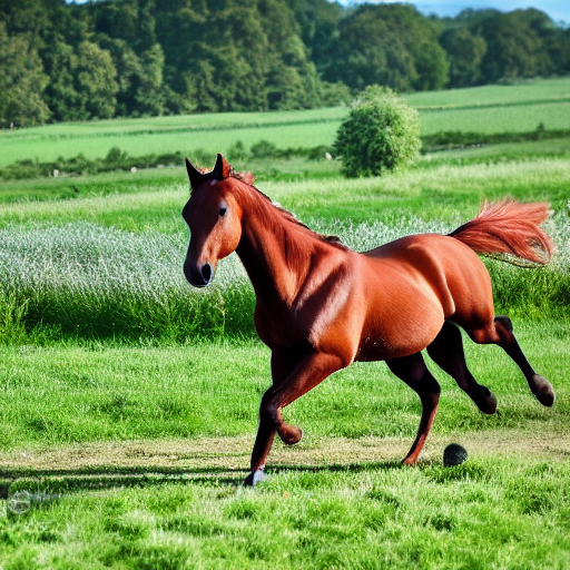 A brown horse running in a grassy field. The horse appears to have five legs.