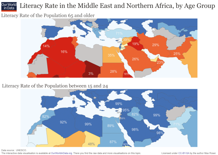 Literacy rate by age in middle east and northern africa